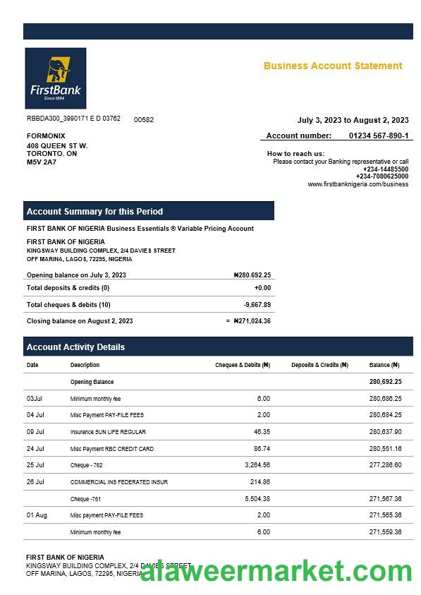 First Bank of Nigeria firm account statement Word and PDF template